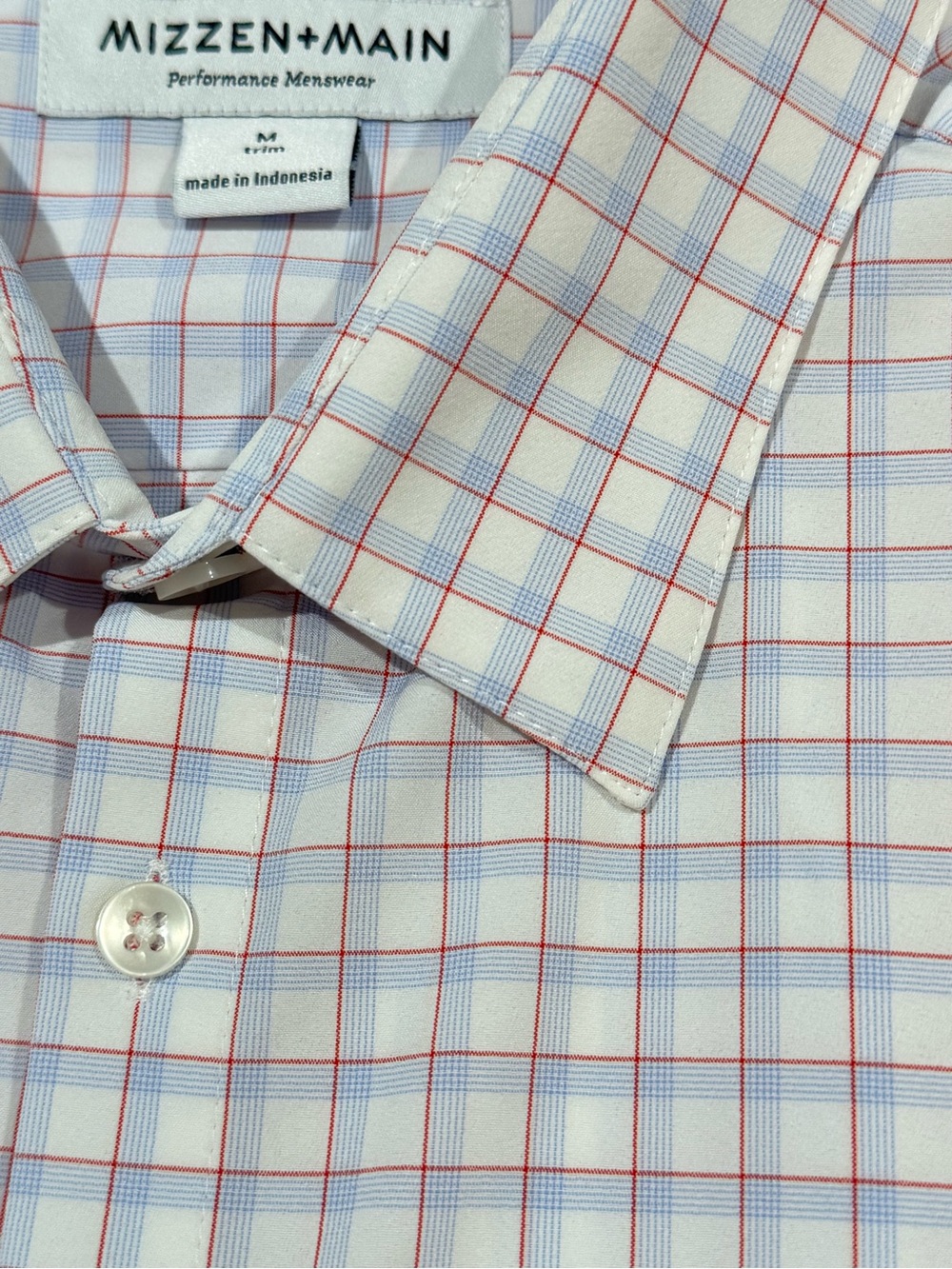 Mizzen+Main White Dress Shirt with Red and Light Blue Windowpane Plaid